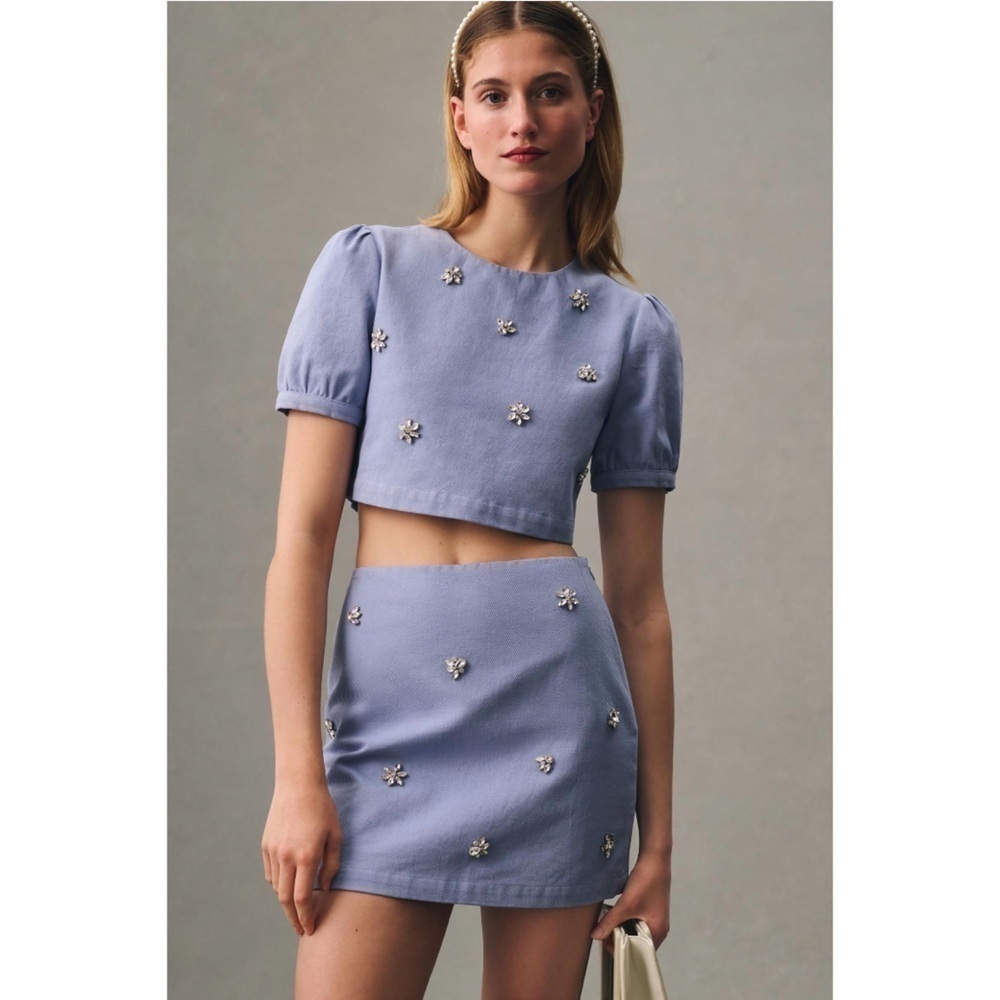 En Saison | Bijou Bejeweled Puff Sleeve Crop Top & Mini Skirt Set Blue Anthro